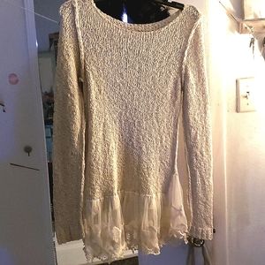 Soft mesh & lace long sleeve sweater trimmed with
